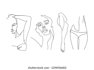 Continuous line, drawing of set of epilation zones for your design. Spa beauty concept. Hand drawn vector illustration. 