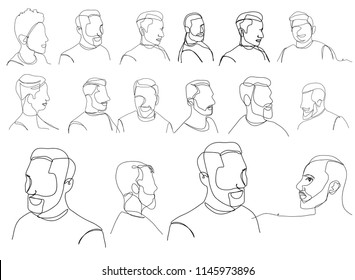 Continuous line, drawing of set faces and hairstyle, fashion concept, beauty minimalist, vector Man with a Mustache