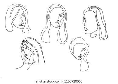 Continuous line, drawing of set faces and hairstyle, fashion concept, woman beauty minimalist, vector 
