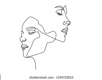 Continuous line, drawing of set faces and hairstyle, fashion concept, woman beauty minimalist, vector illustration for t-shirt, slogan design print graphics style
