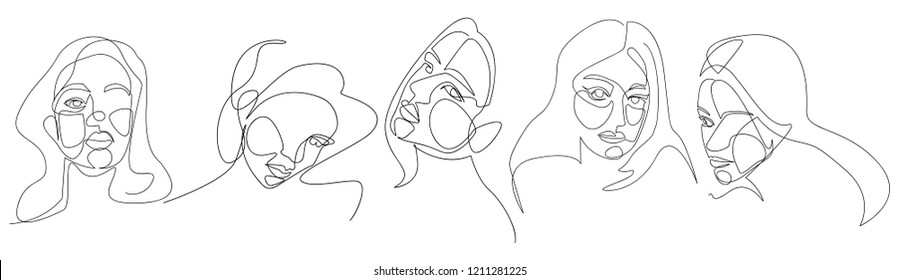 Continuous line, drawing of set faces and hairstyle, fashion concept, woman beauty minimalist, vector illustration for t-shirt, slogan design print graphics style