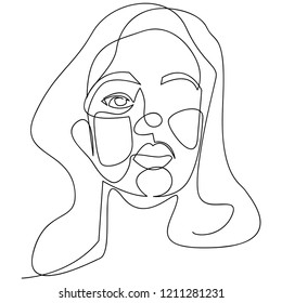 Continuous line, drawing of set faces and hairstyle, fashion concept, woman beauty minimalist, vector