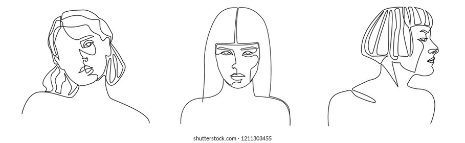 Continuous line, drawing of set faces and hairstyle, fashion concept, woman beauty minimalist, vector