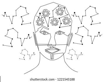 Continuous line, drawing of set faces Technology and engineering Artificial intelligence. Human head outline with circuit board inside. 