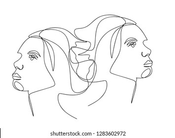 Continuous line, drawing of set faces and hairstyle, fashion concept, woman beauty minimalist, vector illustration for t-shirt, slogan design print graphics style

