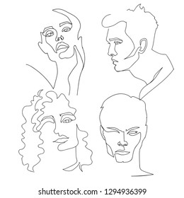 Continuous line, drawing of set faces. Fashion concept. Woman beauty minimalist. Hand drawn vector illustration for your design. 