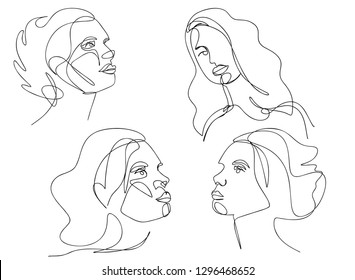 Continuous line, drawing of set faces and hairstyle, fashion concept, woman beauty minimalist, vector illustration for t-shirt, slogan design print graphics style