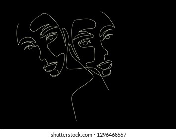 Continuous line, drawing of set faces and hairstyle, fashion concept, woman beauty minimalist, vector illustration for t-shirt, slogan design print graphics style