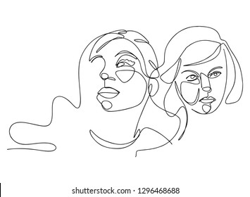 Continuous line, drawing of set faces and hairstyle, fashion concept, woman beauty minimalist, vector illustration for t-shirt, slogan design print graphics style