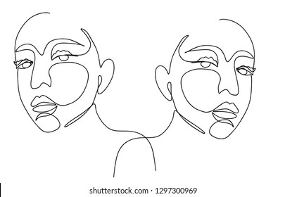 Continuous line, drawing of set faces and hairstyle, fashion concept, woman beauty minimalist, vector illustration for t-shirt, slogan design print graphics style
