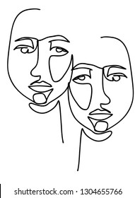 Continuous line, drawing of set faces and hairstyle, fashion concept, woman beauty minimalist, vector illustration for t-shirt, slogan design print graphics style