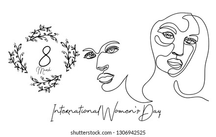 Continuous line, drawing of set faces of International Women Day. Women vector illustration