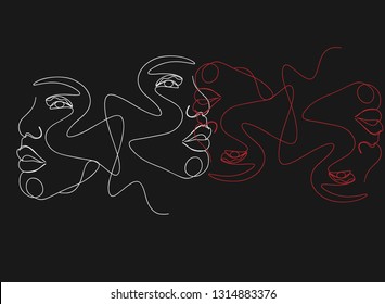 Continuous line, drawing of set faces and hairstyle, fashion concept, woman beauty minimalist, vector illustration for t-shirt, slogan design print graphics style
