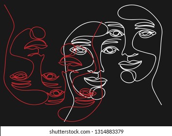 Continuous line, drawing of set faces and hairstyle, fashion concept, woman beauty minimalist, vector illustration for t-shirt, slogan design print graphics style

