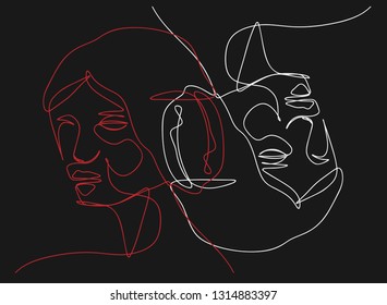 Continuous line, drawing of set faces and hairstyle, fashion concept, woman beauty minimalist, vector illustration for t-shirt, slogan design print graphics style
