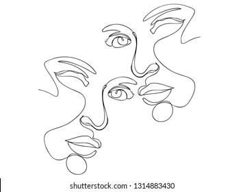 Continuous line, drawing of set faces and hairstyle, fashion concept, woman beauty minimalist, vector illustration for t-shirt, slogan design print graphics style
