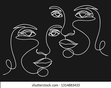 Continuous line, drawing of set faces and hairstyle, fashion concept, woman beauty minimalist, vector illustration for t-shirt, slogan design print graphics style
