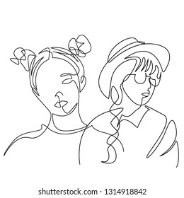 Continuous line, drawing of set faces and hairstyle, fashion concept, woman beauty minimalist, vector illustration for t-shirt, slogan design print graphics style
