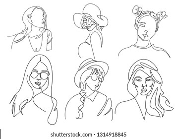 Continuous line, drawing of set faces and hairstyle, fashion concept, woman beauty minimalist, vector illustration for t-shirt, slogan design print graphics style
