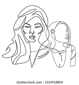 Continuous line, drawing of set faces and hairstyle, fashion concept, woman beauty minimalist, vector illustration for t-shirt, slogan design print graphics style
