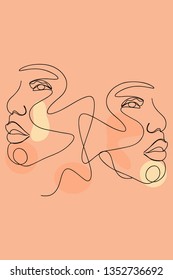 Continuous line, drawing of set faces and hairstyle, fashion concept, woman beauty minimalist, vector illustration for t-shirt, slogan design print graphics style