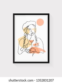 Continuous line, drawing of set faces and hairstyle, fashion concept, woman beauty minimalist, vector illustration for t-shirt, slogan design print graphics style Black frame