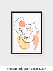 Continuous line, drawing of set faces and hairstyle, fashion concept, woman beauty minimalist, vector illustration for t-shirt, slogan design print graphics style Black frame