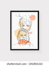 Continuous line, drawing of set faces and hairstyle, fashion concept, woman beauty minimalist, vector illustration for t-shirt, slogan design print graphics style Black frame