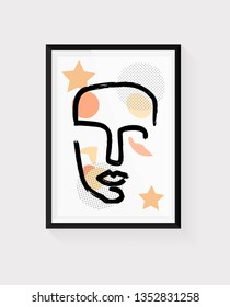 Continuous line, drawing of set faces and hairstyle, fashion concept, woman beauty minimalist, vector illustration for t-shirt, slogan design print graphics style Black frame