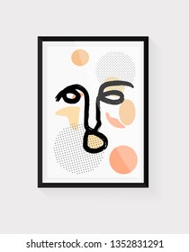 Continuous line, drawing of set faces and hairstyle, fashion concept, woman beauty minimalist, vector illustration for t-shirt, slogan design print graphics style Black frame