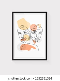 Continuous line, drawing of set faces and hairstyle, fashion concept, woman beauty minimalist, vector illustration for t-shirt, slogan design print graphics style Black frame