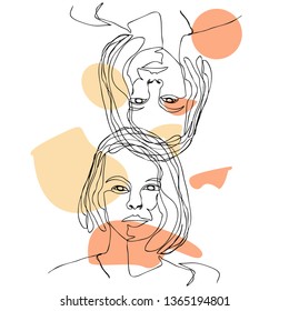 Continuous line, drawing of set faces and hairstyle, fashion concept, woman beauty minimalist, vector illustration for t-shirt, slogan design print graphics style