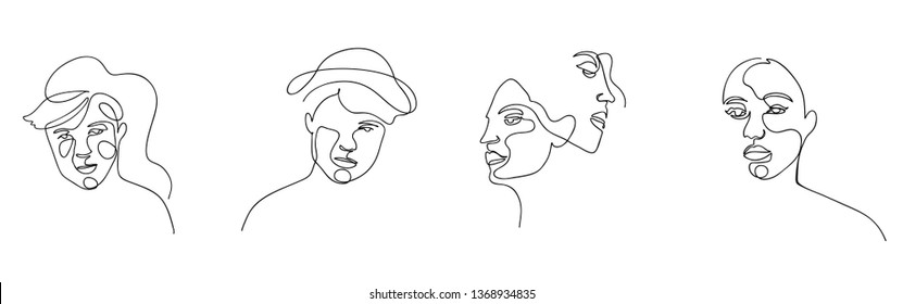 Continuous line, drawing of set faces and hairstyle, fashion concept, woman beauty minimalist, vector illustration for t-shirt, slogan design print graphics style