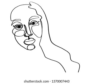 Continuous line, drawing of set faces and hairstyle, fashion concept, woman beauty minimalist, vector illustration for t-shirt, slogan design print graphics style