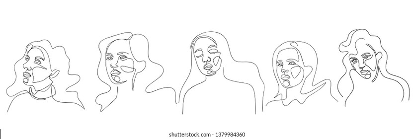 Continuous line, drawing of set faces and hairstyle, fashion concept, woman beauty minimalist, vector illustration for t-shirt, slogan design print graphics style
