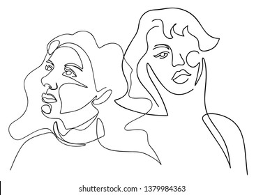 Continuous line, drawing of set faces and hairstyle, fashion concept, woman beauty minimalist, vector illustration for t-shirt, slogan design print graphics style
