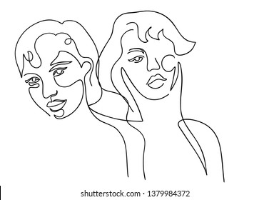 Continuous line, drawing of set faces and hairstyle, fashion concept, woman beauty minimalist, vector illustration for t-shirt, slogan design print graphics style
