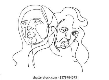 Continuous line, drawing of set faces and hairstyle, fashion concept, woman beauty minimalist, vector illustration for t-shirt, slogan design print graphics style
