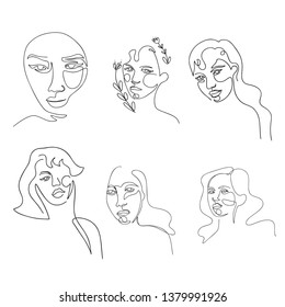 Continuous line, drawing of set faces and hairstyle, fashion concept, woman beauty minimalist, vector illustration for t-shirt, slogan design print graphics style
