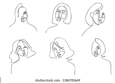 Continuous line, drawing of set faces and hairstyle, fashion concept, woman beauty minimalist, vector illustration for t-shirt, slogan design print graphics style