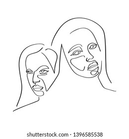 Continuous line, drawing of set faces and  hairstyle, fashion concept, woman beauty minimalist, vector illustration for t-shirt, slogan design print graphics style