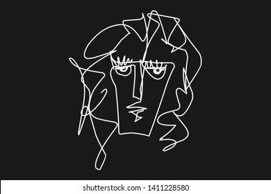 Continuous line, drawing of set faces and hairstyle, fashion concept, woman beauty minimalist, vector 