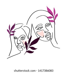 Continuous line, drawing of set faces and hairstyle, fashion concept, woman beauty minimalist, vector illustration for t-shirt, slogan design print graphics style
