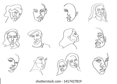 Continuous line, drawing of set faces and hairstyle, fashion concept, woman beauty minimalist, vector illustration for t-shirt, slogan design print graphics style