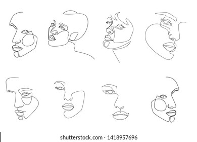 Continuous line, drawing of set faces and hairstyle, fashion concept, woman beauty minimalist, vector illustration for t-shirt, slogan design print graphics style
