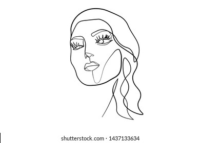 Continuous line, drawing of set faces and hairstyle, fashion concept, woman beauty minimalist, vector illustration for t-shirt, slogan design print graphics style