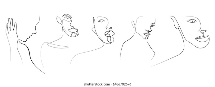 Continuous line, drawing of set faces and hairstyle, fashion concept, woman beauty minimalist, vector illustration 