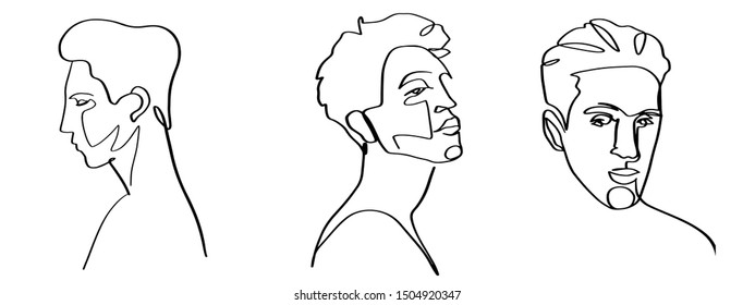 Continuous line, drawing of set faces and hairstyle, fashion concept, woman beauty minimalist, vector
