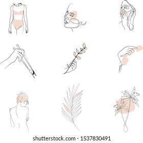 Continuous line, drawing of set faces, hands and plants, flowers, fashion concept, woman beauty minimalist, vector illustration for t-shirt
