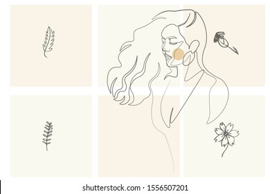 Continuous line, drawing of set faces and hairstyle, fashion concept, woman beauty minimalist, vector illustration